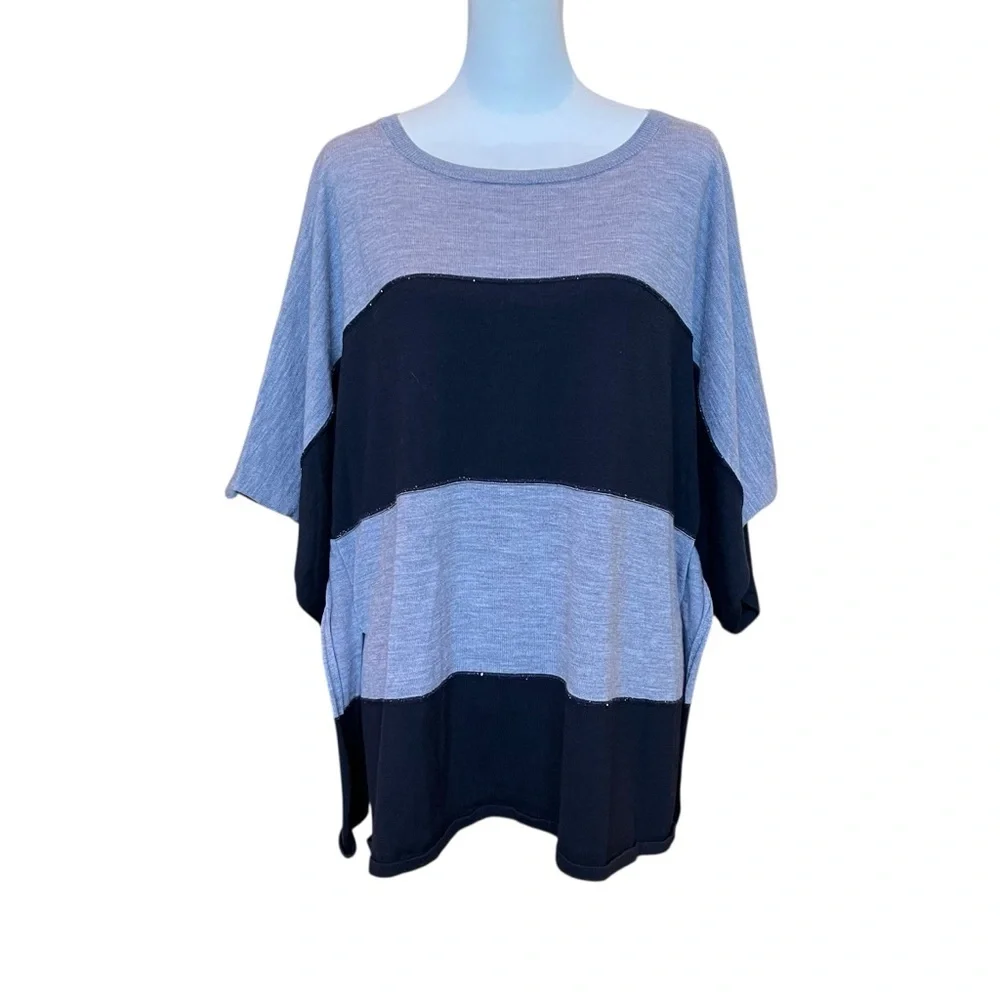 Lafayette 148 Sweater Women’s XL* Gray Black Wool Short Sleeve Boxy Soft Fall